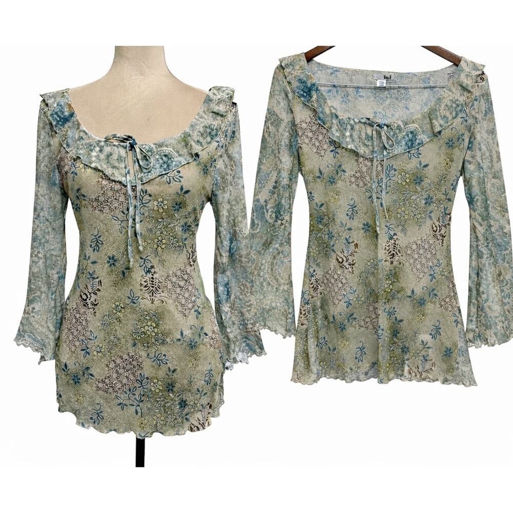 Y2K Lei Boho Bell Sleeve Top Large Fairycore Whimsigoth Patchwork Festival Blue